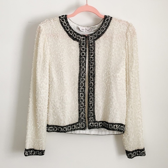 Vintage Ivory Black Sequined Beaded Embroidered Silk Dress Blazer Jacker Small - Picture 6 of 11
